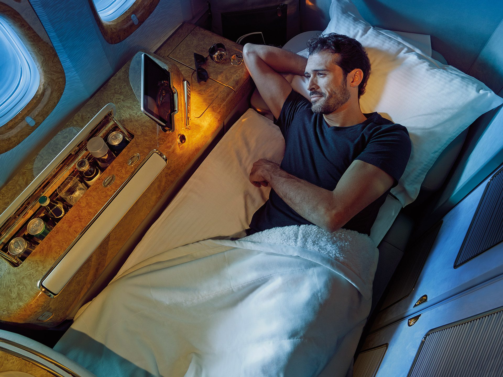 First Class: Slide the door closed on your own Private Suite, rejuvenate in the A380 Shower Spa, and indulge in fine dining whenever the mood takes you. Discover exclusive wines and champagne carefully selected from premium vineyards around the world to complement the flavors of your meal.