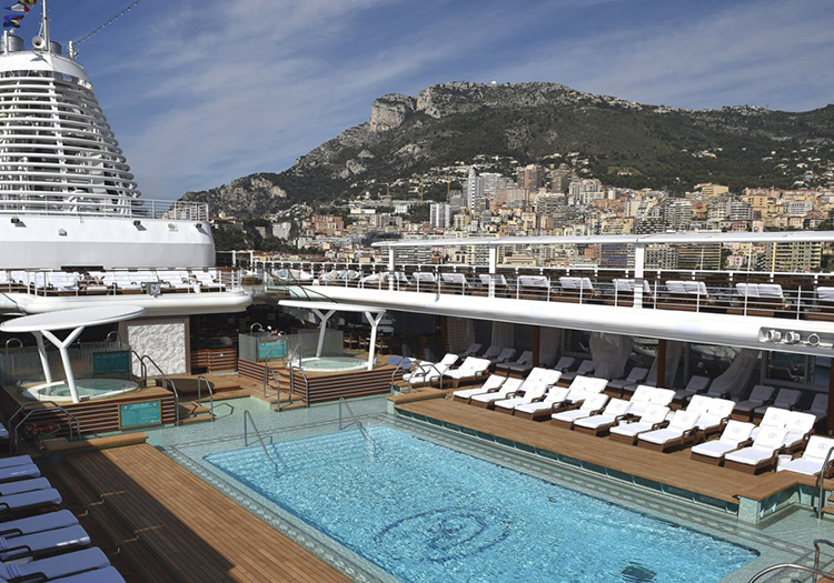 Stylish pool deck of ship in port